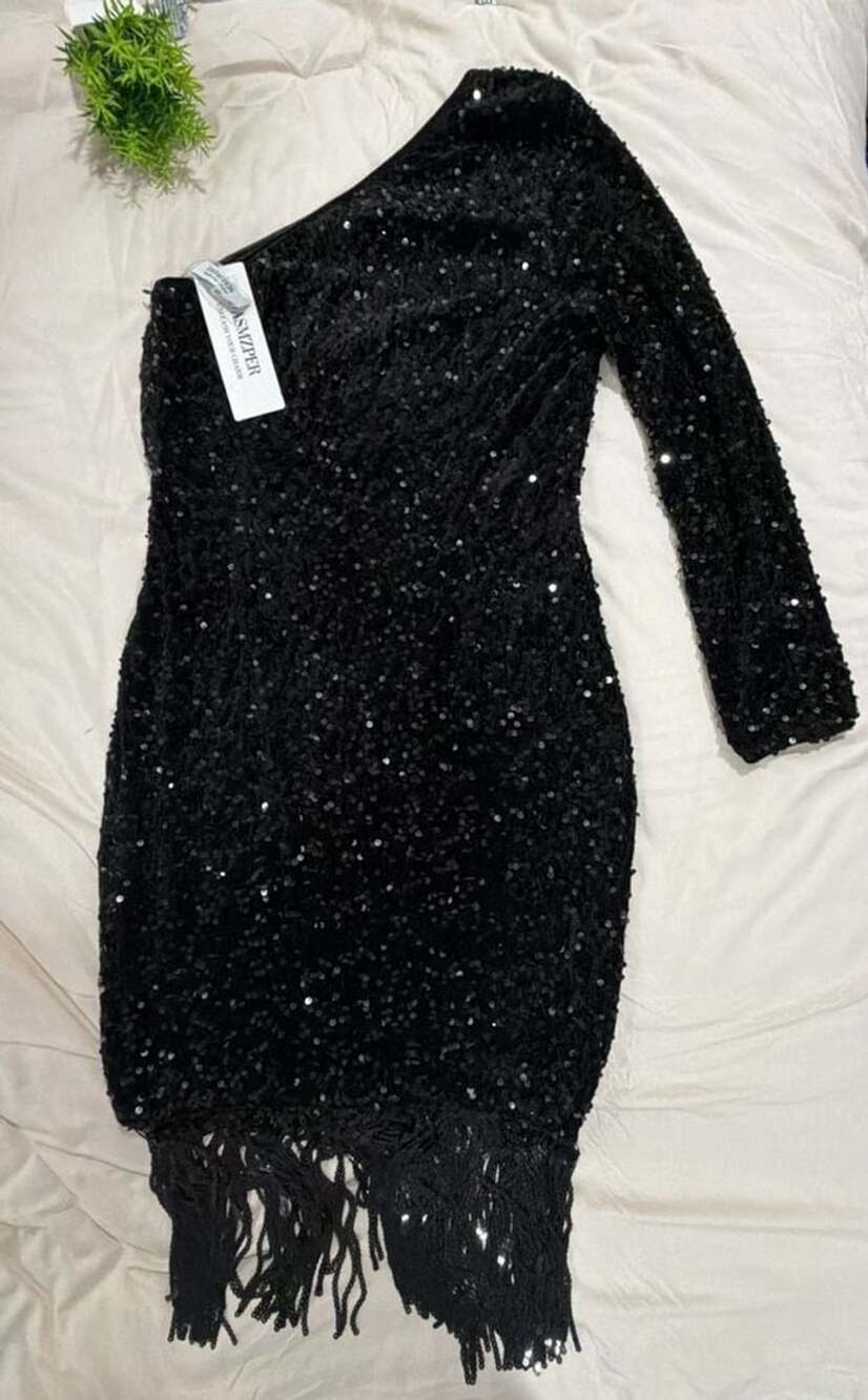 DASMZPER Women's Black Sequin One-Shoulder Long Sleeve Tassel Fringe Hem Dress